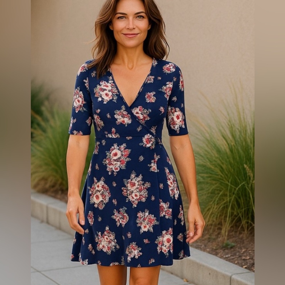 Ultra Flirt, Blue Floral Faux Wrap Dress